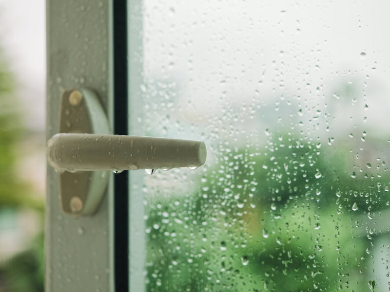 Why You Need Whole-House Humidity Control. Photo of rain or condensation on a door with a handle.